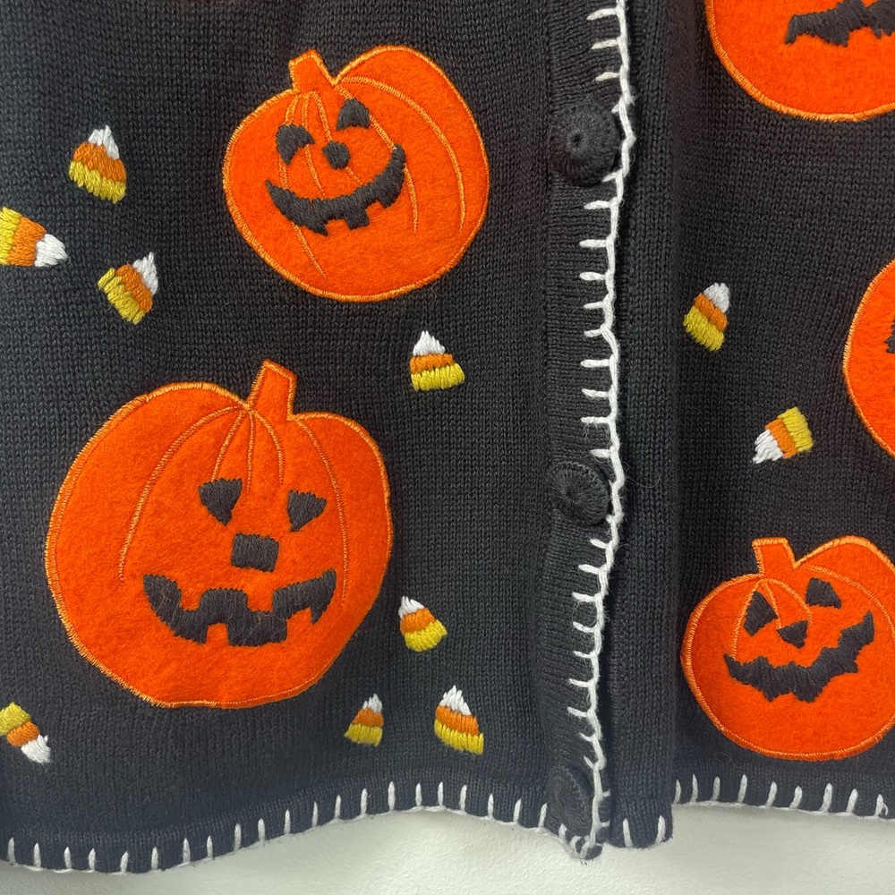 VTG Halloween Cardigan Pumpkin 90s Granny Embroidery Black Med Teacher Sweater - Picture 6 of 16